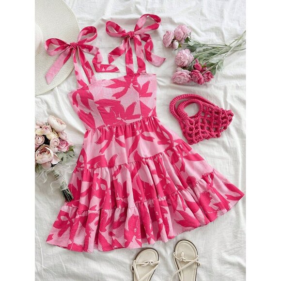 tied sleeve floral print boho mini dress tiered ruffle hot pink - Picture 1 of 11